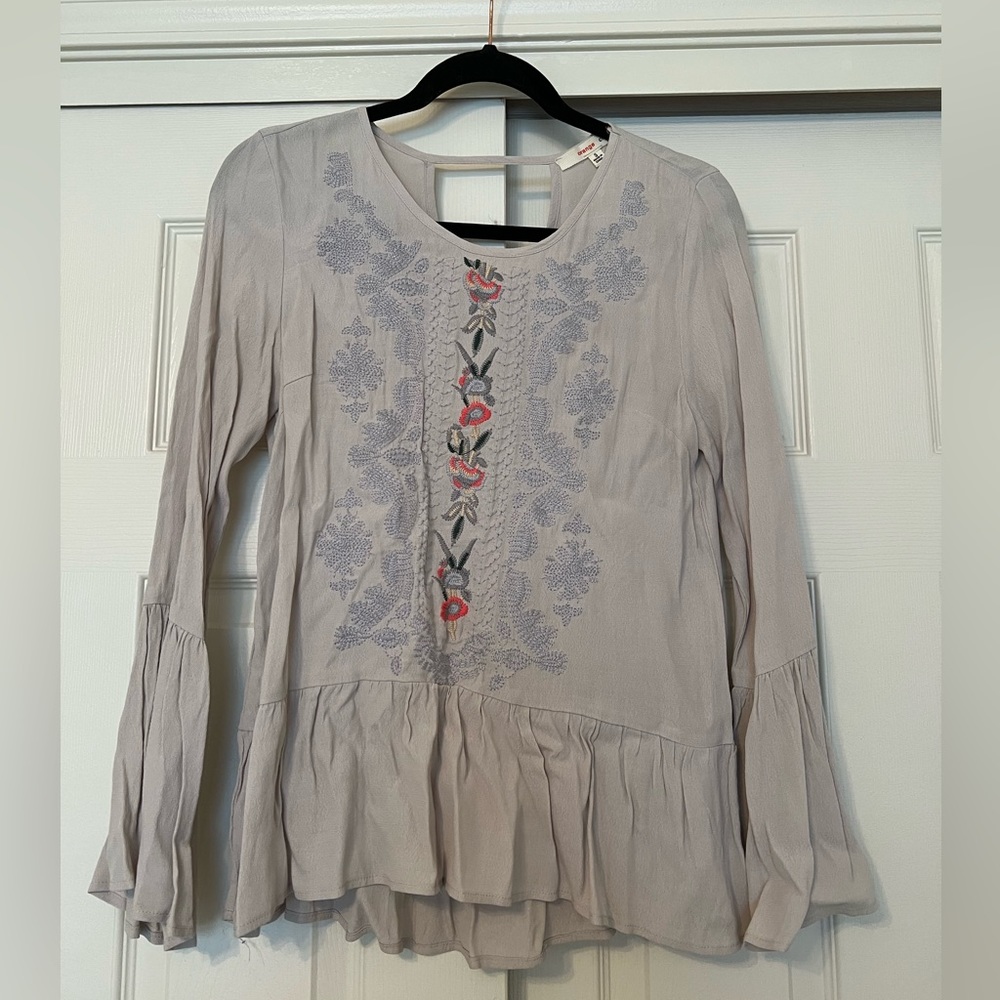 Orange Creek Long Sleeve Embroidered Blouse Top (Grey) - Small